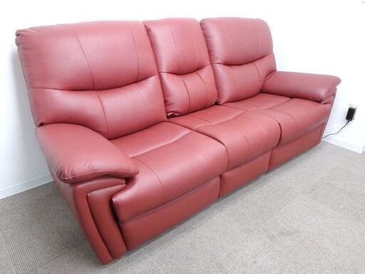 ★ 新札幌 ★ ヤマダオリジナル 電動リクライニングソファ YES140001RD3P 幅202cm 3人掛け 本革 レッド色 電動ソファ / No.2923 ★