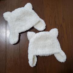 オーダーメイド品　ベビー帽子　モコモコ　耳当て付きネコ　2個セット