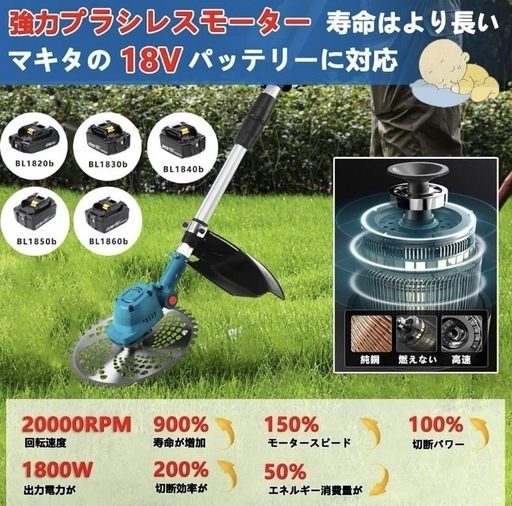 電動芝刈り機 充電式 草刈り機 互換 マキタ 18v 電池 バッテリー2個