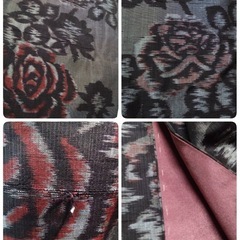 ● R)  紬 着物 薔薇柄 モダン柄 お太鼓 帯 帯揚げ 丹後ちりめん 刺繍 帯締め くすみピンク レトロ ブローチ 身丈144cm   5点セット ③の画像