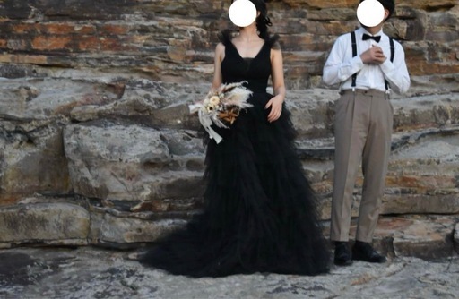 ウェディングドレスブラックAライン&ドライフラワーブーケセット