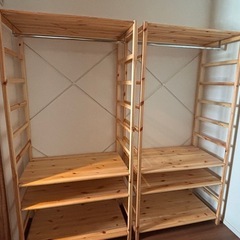 手渡し限定】無印良品スチールシェルフ 木棚 3段+ハンガーバー1本中古品