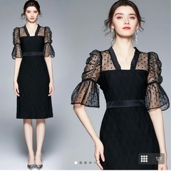 黒 シースルー袖 パーティードレスの画像