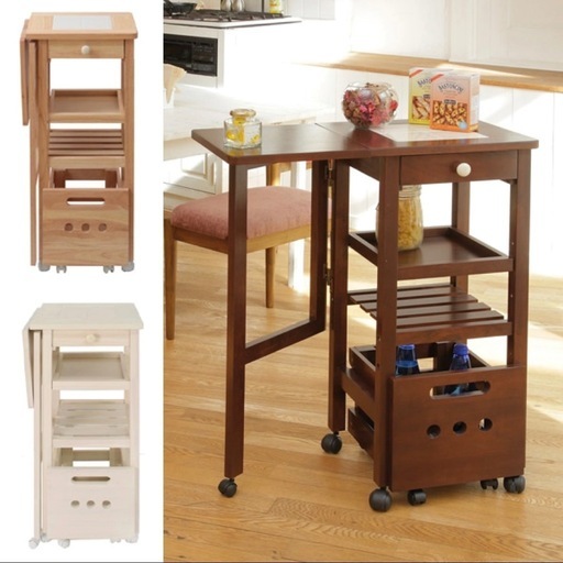 【超美品‼️】キャスター付き♪ キッチンワゴン バタフライ 作業台 キッチンカウンター 収納家具 木製ナチュラルブラウン♪