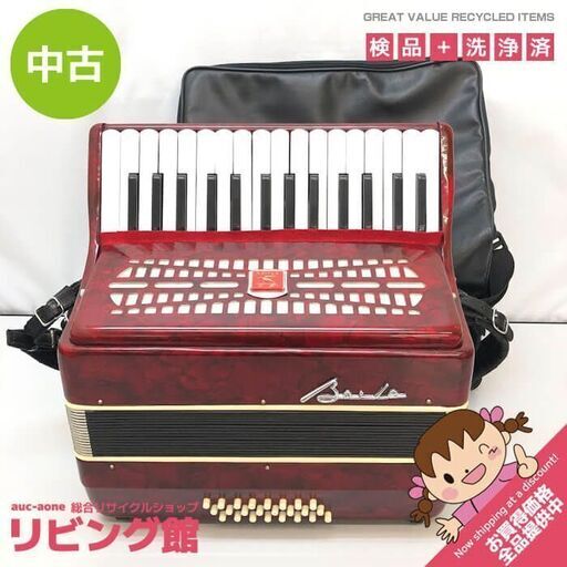 ss6984　バイレ アコーディオン M2019 30鍵 24ベース レッド ソフトケース付き BAI-LE 赤 鍵盤式 独奏用 弾き語り 合奏 鍵盤楽器 アコーディオン 中古