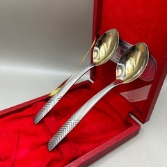 k1123607 万博 スプーン ソ連特産品 純銀仕上げ エストニア 純銀製 刻印付き 2セット 箱付き 記念品 昭和レトロ コレクション 中古品の画像