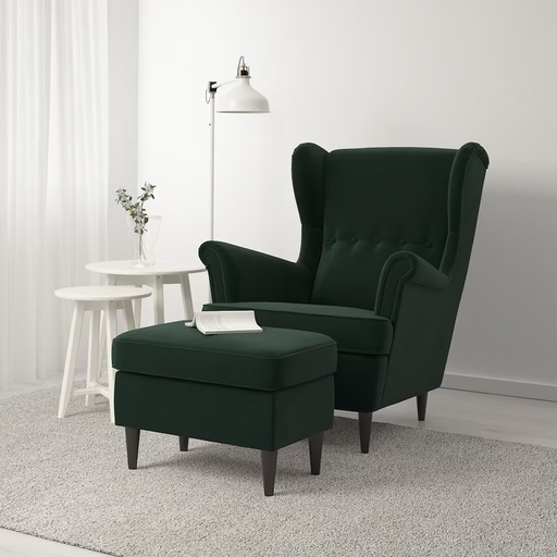 値下げ中?IKEA STRANDMON おしゃれ　ベルベット青チェアとオットマン