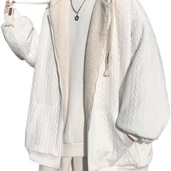 パーカー XLサイズ　白　ホワイト　ケーブル柄　ケーブル編み風　メンズ 裏起毛 春秋冬 パーカー 長袖 フード付　かっこいい ジップアップコート カーディガン メンズ オシャレ カジュアル コート ジャージ　レディース　ファー　もこもこの画像
