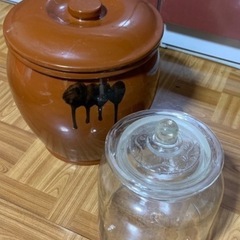 (バラになった為終了)3点 蓋付丸かめ・ガラス漬物容器・果実酒漬瓶