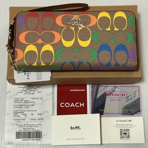 コーチ　coach　長財布　マルチカラー　茶　ブラウン　総柄　シグネチャー　箱