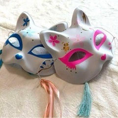 仮面　お面　 きつね　コスプレ キツネ　和装  鈴の面 青ピンク...