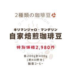 2種類の自家焙煎コーヒー豆　キリマンジャロとマンデリン各200g...