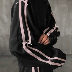 FRIFUL 2点 女性カジュアル ストライプ リボンディテール ジップアップジャケットとパンツセット 秋用セットアップの画像