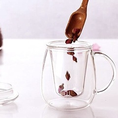 耐熱ガラスカップ 透明ガラスカップ ティーカップ マグカップ 茶こし付き カバー付き ハンドル付き おしゃれ 玻璃品（ 320ml）の画像