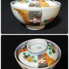 蓋付き茶碗 蛤 ハマグリ はまぐり 松 色染付 蓋茶碗 赤絵 1客