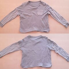 【ユーズド】ベルメゾン　パジャマ　長袖　グリーングレー/ストライプ　140cmの画像