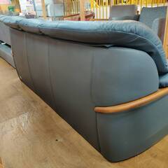 【愛品倶楽部柏店】本革3人掛けソファ ブルーグレーの画像