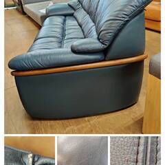 【愛品倶楽部柏店】本革3人掛けソファ ブルーグレーの画像