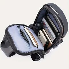ボディバッグ Shoulder bag 盗難防止 USBポート付き ロック付き ネイビーブラウン NAVYの画像