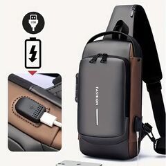 ボディバッグ Shoulder bag 盗難防止 USBポート付き ロック付き ネイビーブラウン NAVYの画像