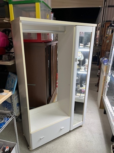 ミラー・キャスター 付き ワードローブ ハンガーラック 収納棚6段 引出し1杯 衣類収納 W900 D350 H1505 中古品 ③