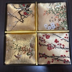 和風陶器皿 4枚セット 金色の花鳥デザイン
