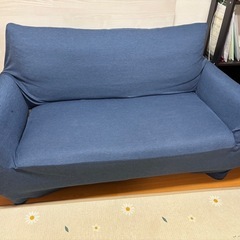 【美品　ソファ　2人掛け　緑　青カバー付き】