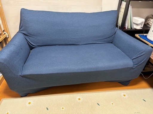 【美品　ソファ　2人掛け　緑　青カバー付き】