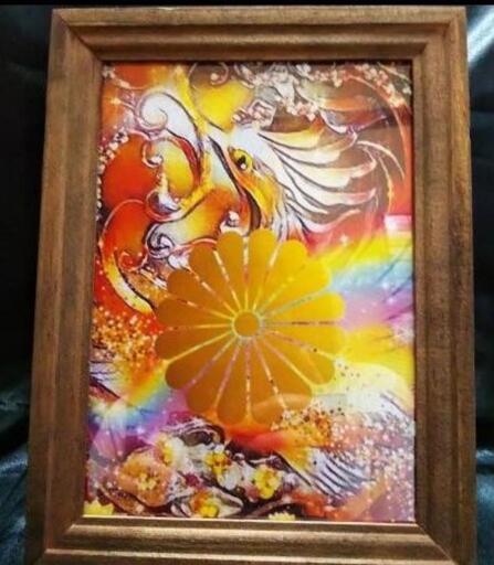 菊御門♥花片16枚♥鳳凰♦グラフィックアート✰安らぎ✰絵画調で額付き✰風水幸運♥未使用品