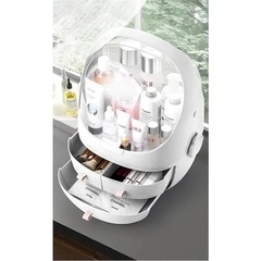 大容量 グレーベージュ蓋付き引出し付コスメ収納ボックスの画像