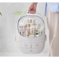 大容量 グレーベージュ蓋付き引出し付コスメ収納ボックスの画像