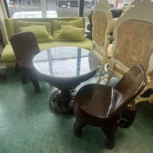 木彫りダイニングセット 象モチーフ 食卓 椅子二脚 木製 テーブル 札幌