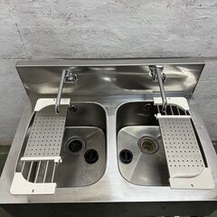 【azuma】アズマ ステンレス製 2槽シンク 美品 厨房用品 業務用 水栓付き バックガード付き W900×D600×H800 Y0580の画像
