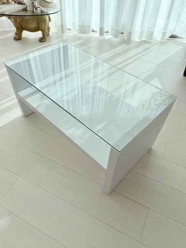センターテーブル（ホワイト） 750×400×370mm Rogic ロータイプ ガラステーブル 強化ガラス リビング 組立品