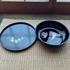 【新品未使用品】黒塗り和柄お盆セット