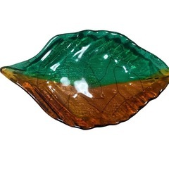 ガラス製葉型皿 緑とオレンジのグラデーション　新品の画像