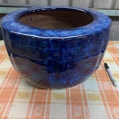 昭和レトロ 陶器製 火鉢 金魚鉢  メダカ鉢 青 　ブルー火鉢の画像