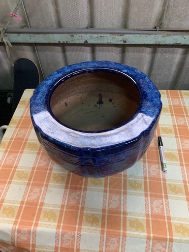 昭和レトロ 陶器製 火鉢 金魚鉢  メダカ鉢 青 　ブルー火鉢