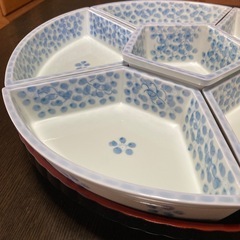 【新品未使用】回転オードブル皿36cm 陶器製　陶彩　早春　お正月やお祝いに◎ 仕切り皿　オードブルプレートの画像