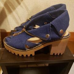 ネイビー デニム オープントゥ ハイヒール24cm