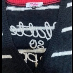 黒と白のストライプ Vネックカーディガン【150】の画像