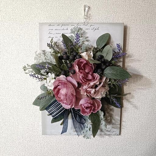 アンティーク風  造花  リース  ピンク  白  紫  ブルー  リボン
