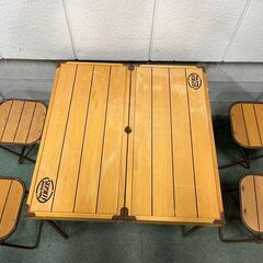 LOGOS ロゴス 木製 キャンプテーブル イス4脚セット 折りたたみ式 難あり 幅73cm×奥行71cm×高さ60cmの画像