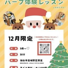 【ハープ体験】ごども無料・大人500円♪30分レッスン♪12月限定！