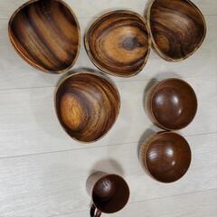 木のお皿、コップ　７つセットの画像