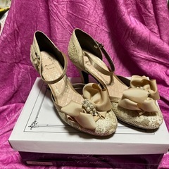 レディース　フォーマル、レースパンプス　リボン取り外し可能　23...