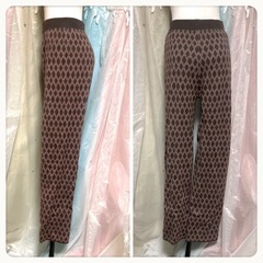 ハイウエスト ひし形総柄 ニット ロングパンツ 茶系 防寒 LLサイズOKの画像