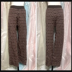 ハイウエスト ひし形総柄 ニット ロングパンツ 茶系 防寒 LLサイズOKの画像