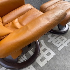 A081🉐IDC 本革 ソファー オットマン付き 1人掛けソファ ブラウン