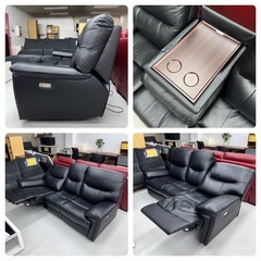 【展示未使用品‼️】定価147,400円♪ ヤマダ電機 202cm幅3人掛け電動リクライニングソファ USBポート付き 本革製ブラック♪の画像